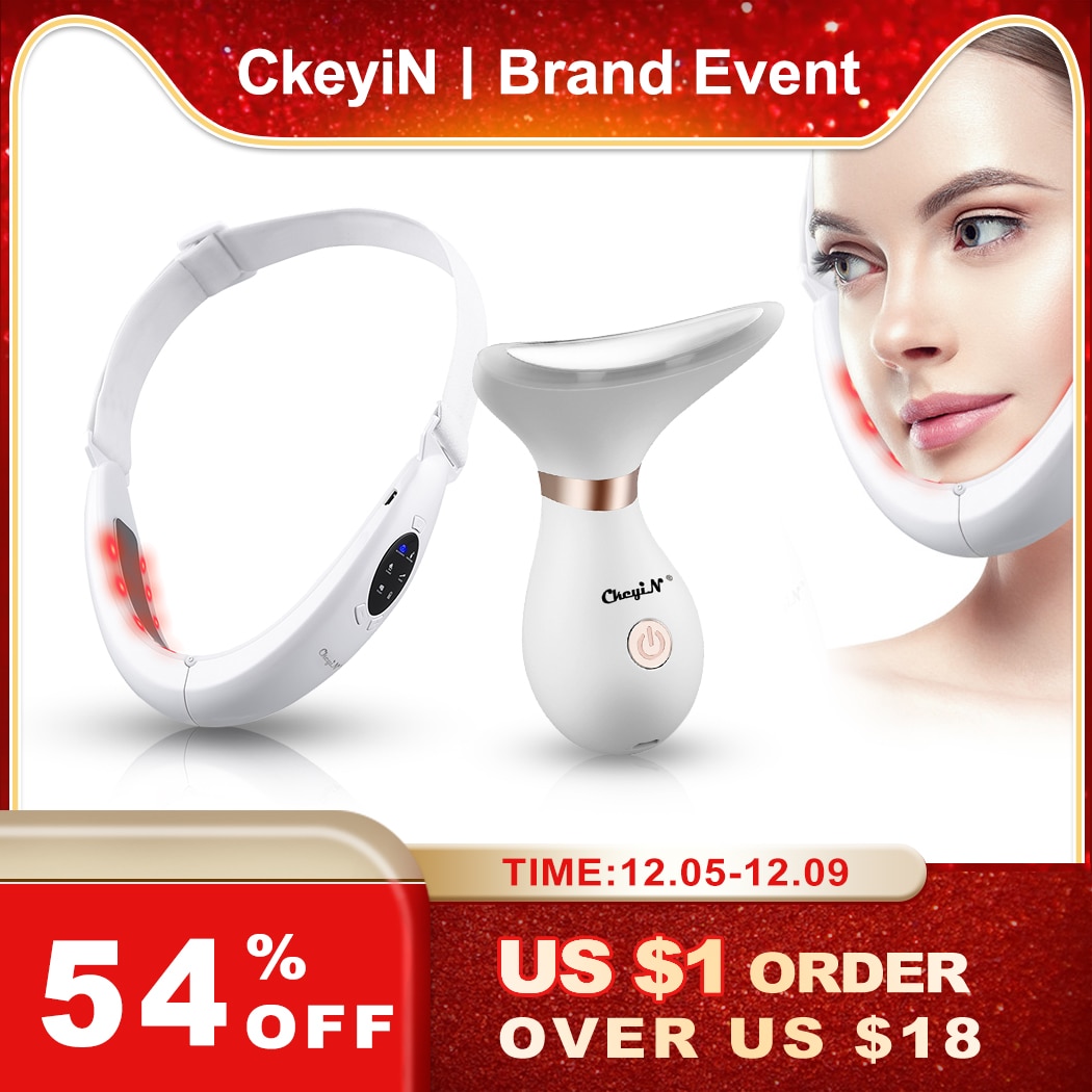 CkeyiN V Shaped Facial Lifting Device Slimming Face Tightening Machine Red Light Therapy Neck EMS Massager Removal Double Chin