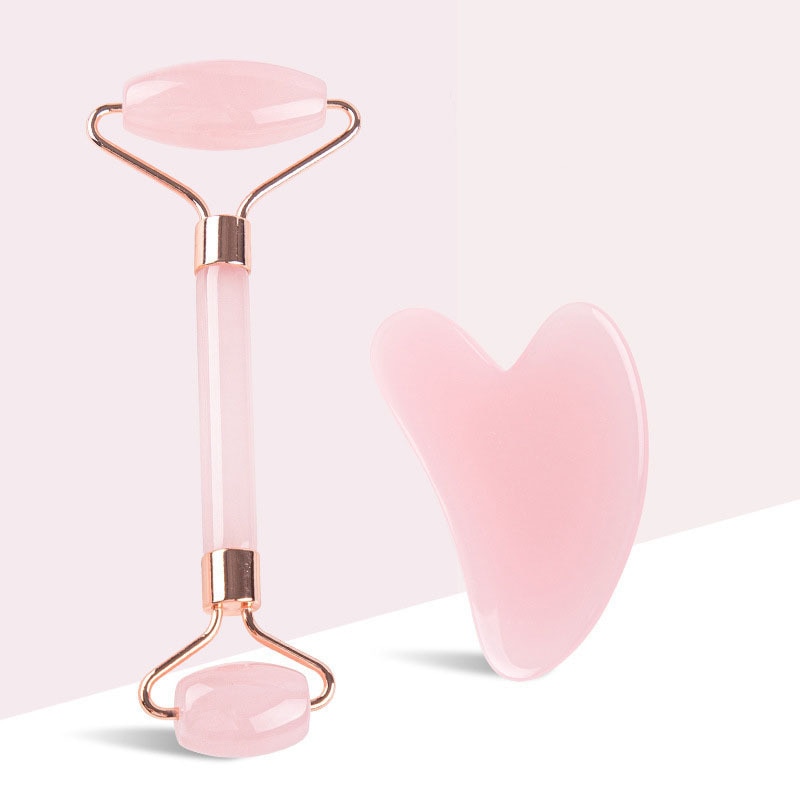 Pink Crystal Jade Roller Scraping Plate Facial Beauty Jade Roller Crystal Scraping Plate Massage Set