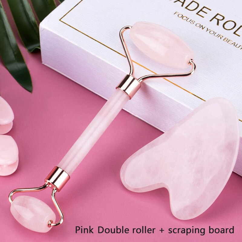 Pink Crystal Jade Roller Scraping Plate Facial Beauty Jade Roller Crystal Scraping Plate Massage Set